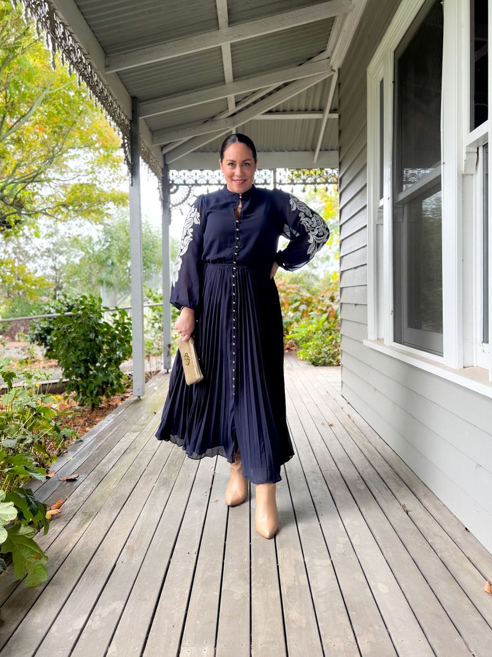 Women's Plus Size Adorn Sleeve Pleat Midi Dress - navy