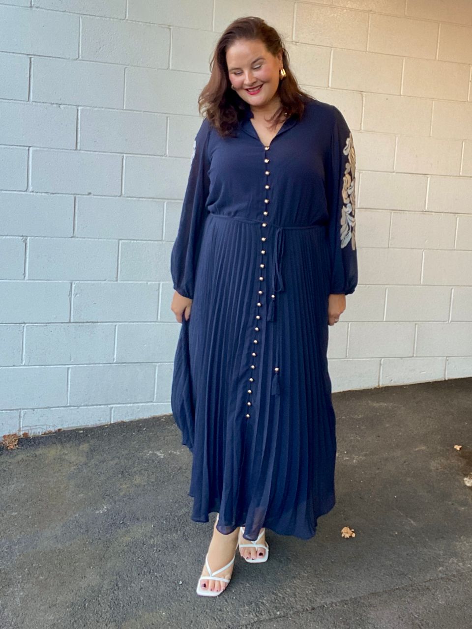 Women's Plus Size Adorn Sleeve Pleat Midi Dress - navy